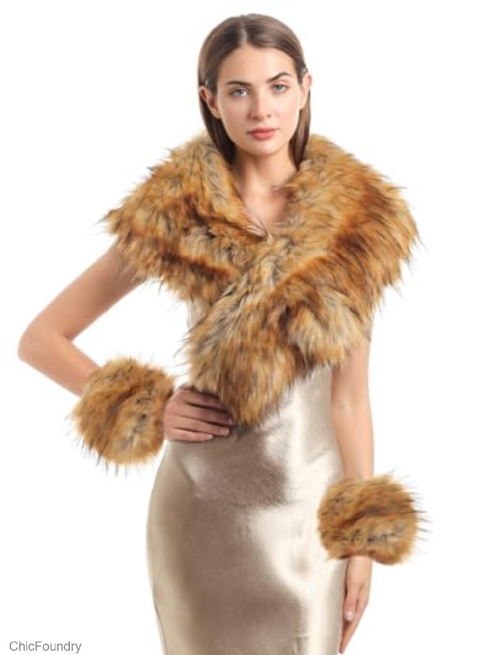 Faux Fur Collar Neck Scarf Wrap & Wrist Cuff Set Winter Warmer